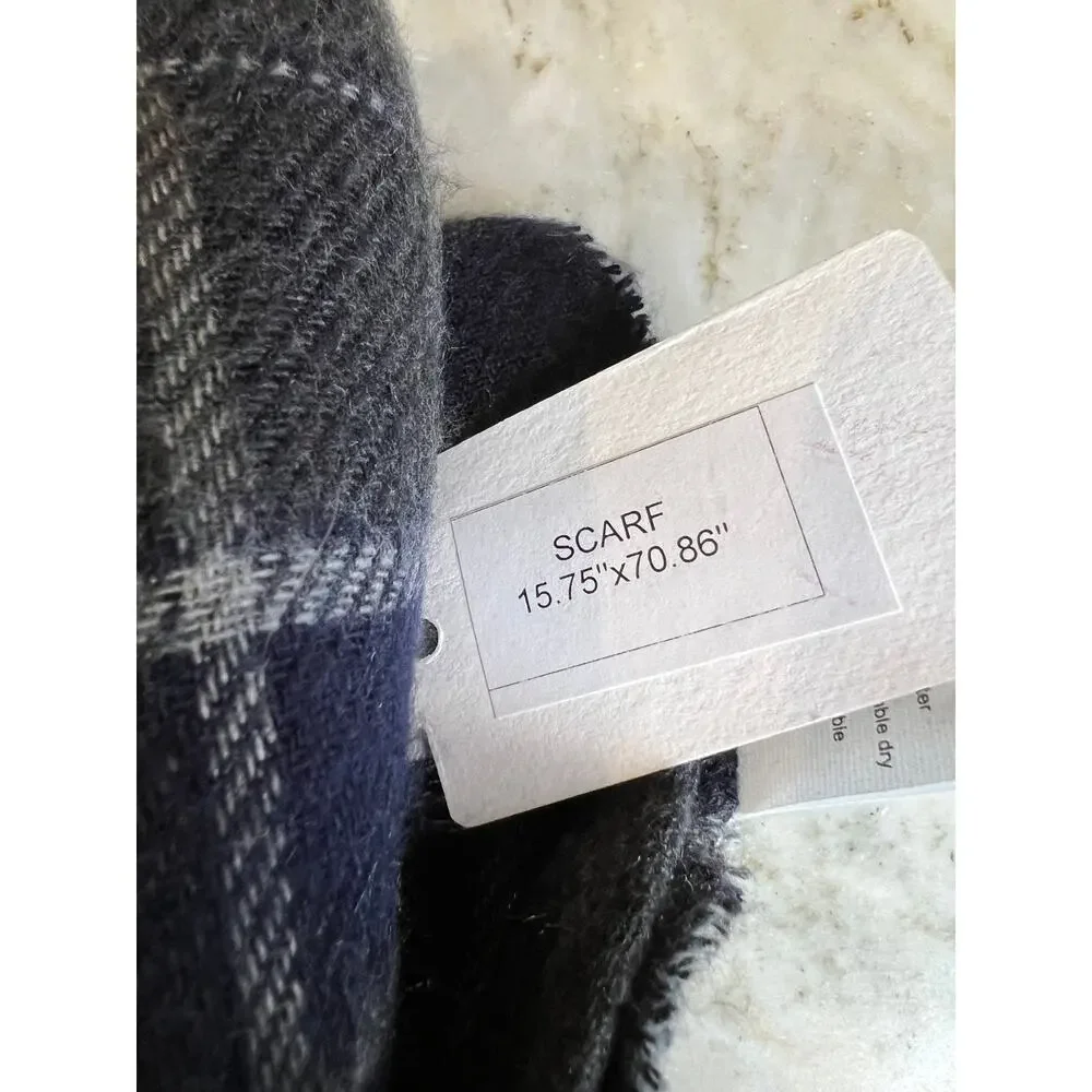 Italian Made Plaid Fringed Scarf Gray Navy Blue